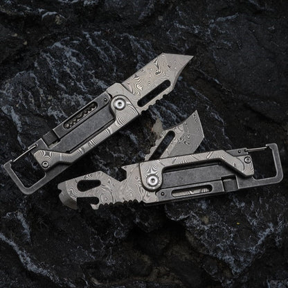 Dual-Action Blade Damascus Folding Knife - 9-in-1 EDC Keychain Tool