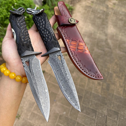 Damascus Knife Hand Forged 103 Layer VG10 Ebony Handle Elephant Head Leather Sheath Collector