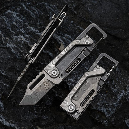 Dual-Action Blade Damascus Folding Knife - 9-in-1 EDC Keychain Tool