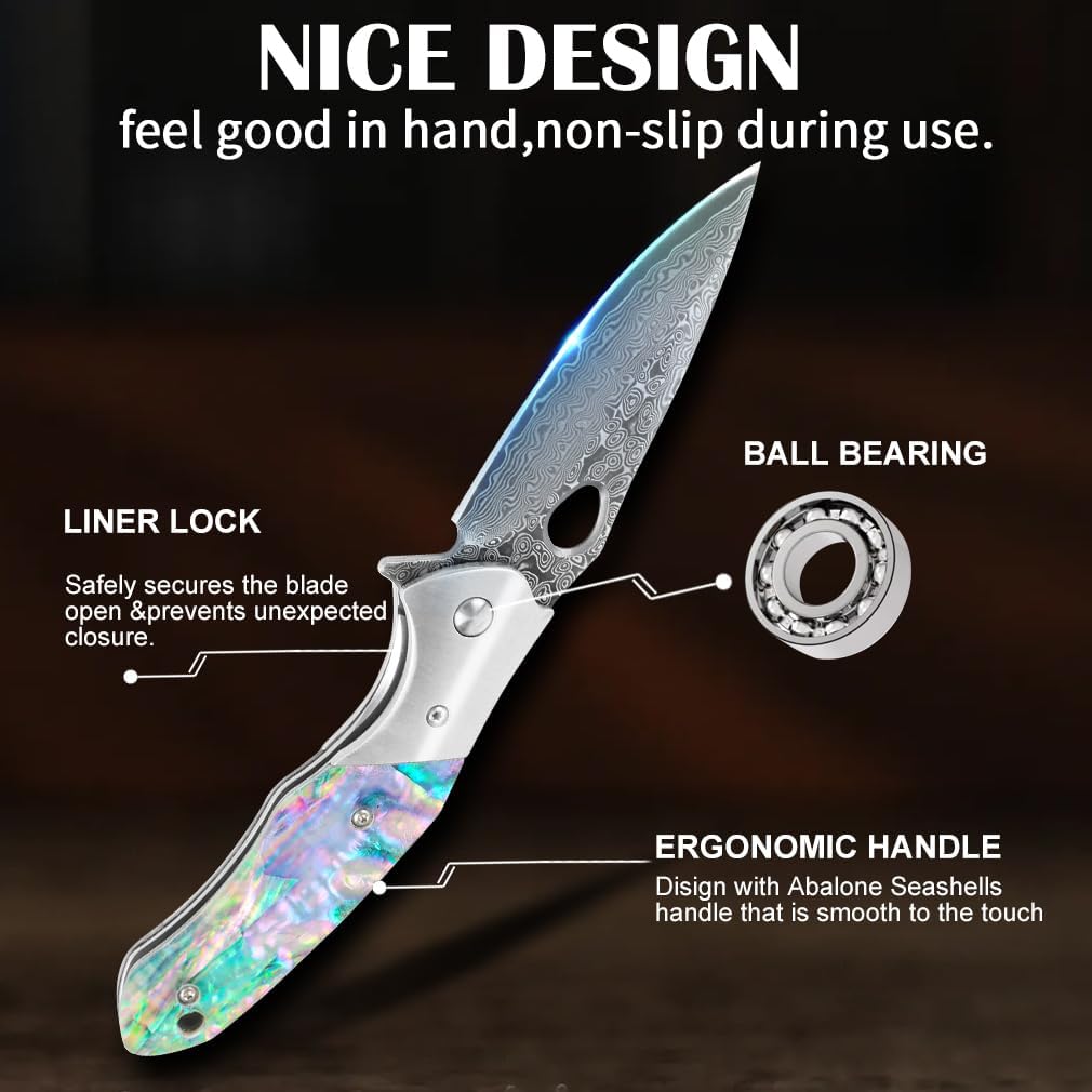 Shellshade Swoop Damascus Folding Knife - VG10 Steel with Abalone Shell Handle