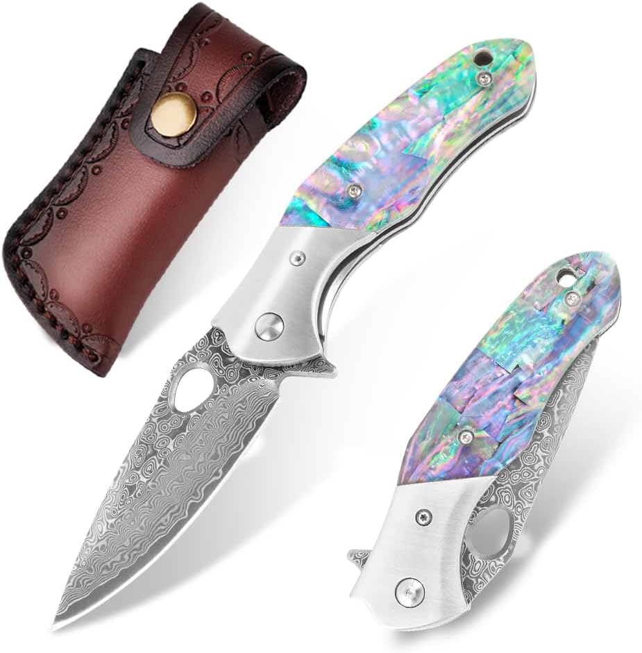 Shellshade Swoop Damascus Folding Knife - VG10 Steel with Abalone Shell Handle