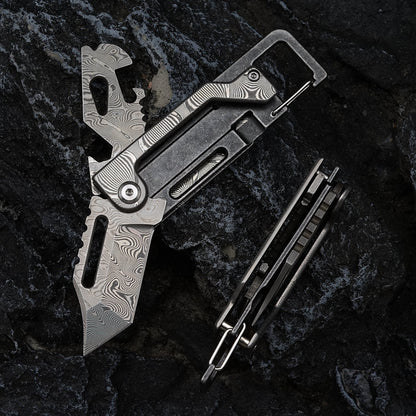 Dual-Action Blade Damascus Folding Knife - 9-in-1 EDC Keychain Tool