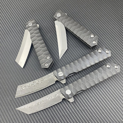 Damascus Folding Knife D2 Steel Tanto Blade Bearing System Pocket Clip EDC Camping