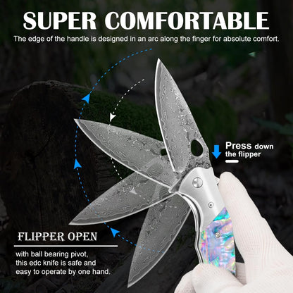 Shellshade Swoop Damascus Folding Knife - VG10 Steel with Abalone Shell Handle