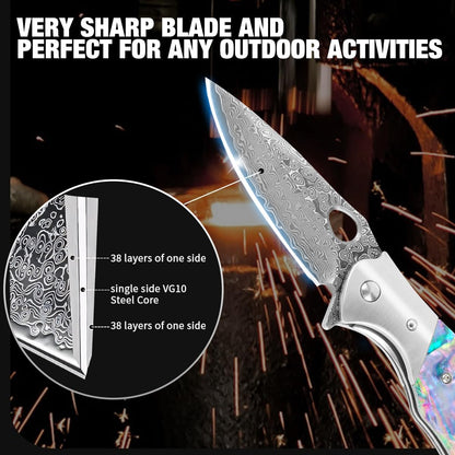 Shellshade Swoop Damascus Folding Knife - VG10 Steel with Abalone Shell Handle