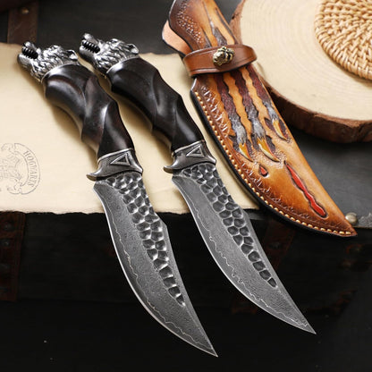 Nightbane Howler Damascus Steel Hunting Knife - 67-Layer VG-10 Core