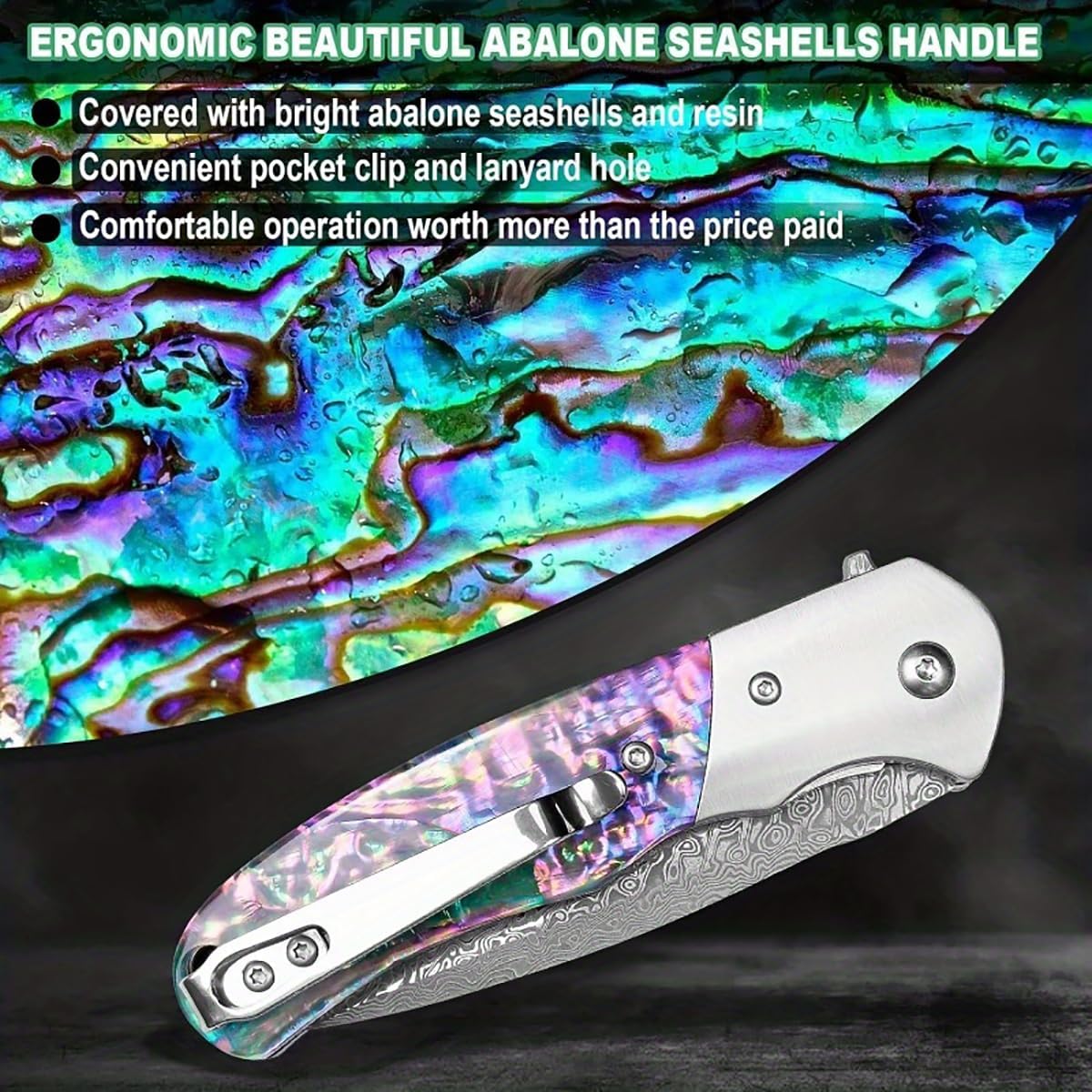 Shellshade Swoop Damascus Folding Knife - VG10 Steel with Abalone Shell Handle