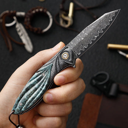 Peacock Forge VG10 Damascus Pocket Knife - Hand-Carved Handle EDC