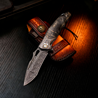 Obsidian Edge Damascus Steel Folding Knife - VG10 & Stabilized Wood