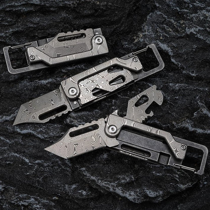 Dual-Action Blade Damascus Folding Knife - 9-in-1 EDC Keychain Tool