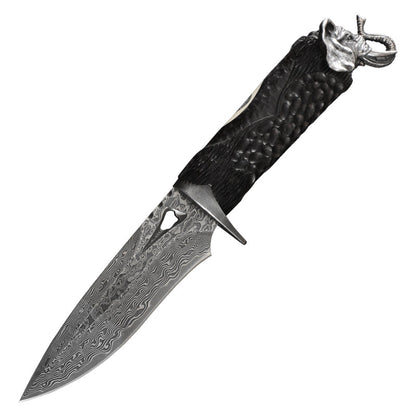Damascus Knife Hand Forged 103 Layer VG10 Ebony Handle Elephant Head Leather Sheath Collector