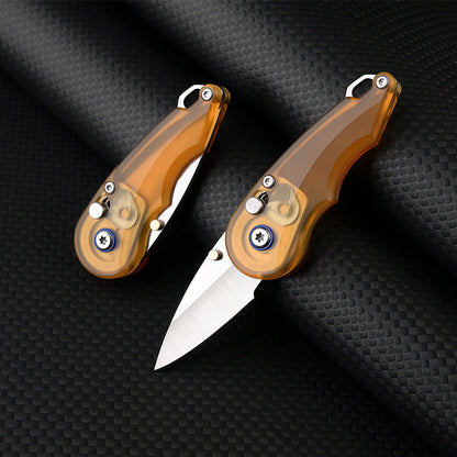 Keychain Folding Knife 7Cr Steel PEI Handle Drop Point Amber EDC Mini Pocket Knife