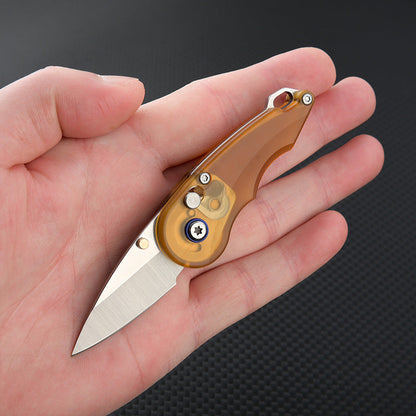 Keychain Folding Knife 7Cr Steel PEI Handle Drop Point Amber EDC Mini Pocket Knife