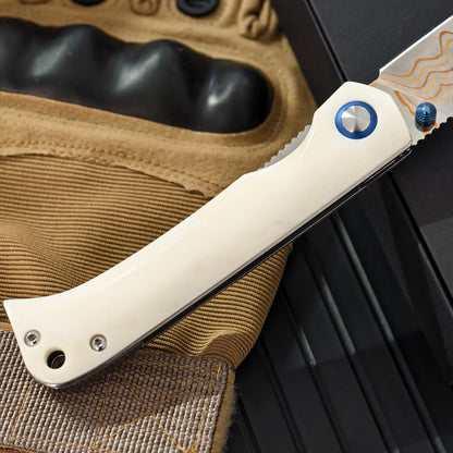 Winged Avian Damascus Folding Knife | G10 Handle & Zirconium Inlay | 59HRC