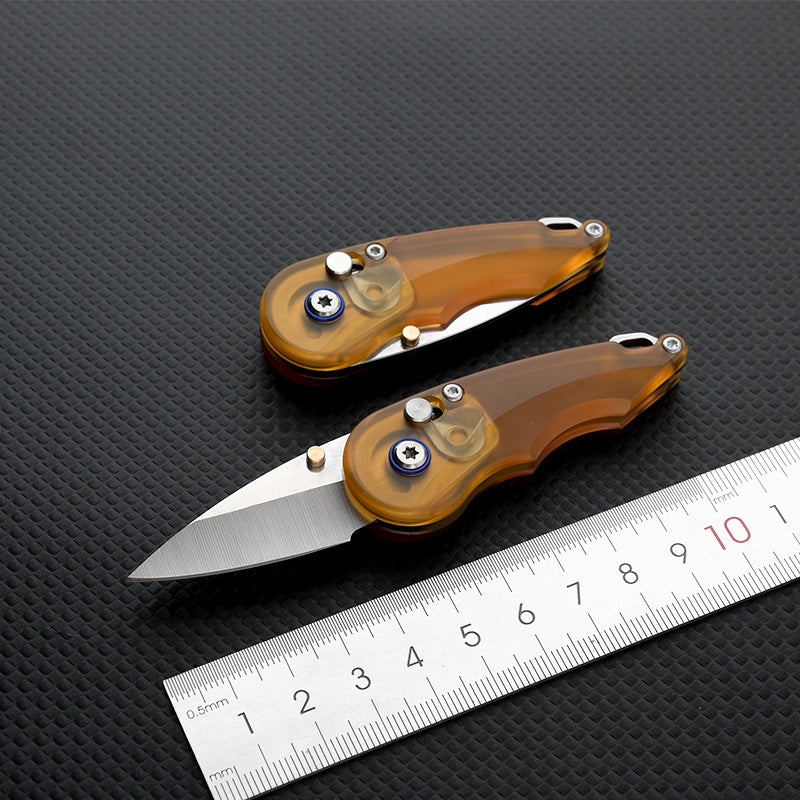Keychain Folding Knife 7Cr Steel PEI Handle Drop Point Amber EDC Mini Pocket Knife