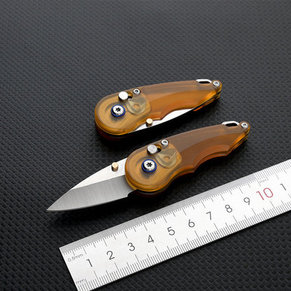 Keychain Folding Knife 7Cr Steel PEI Handle Drop Point Amber EDC Mini Pocket Knife
