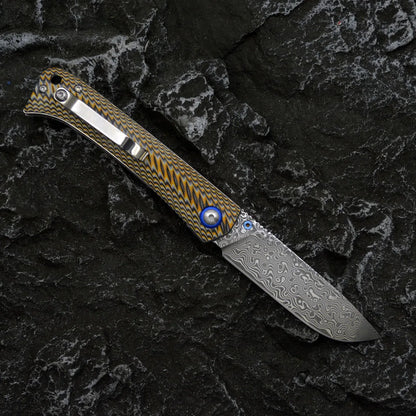 Winged Avian Damascus Folding Knife | G10 Handle & Zirconium Inlay | 59HRC