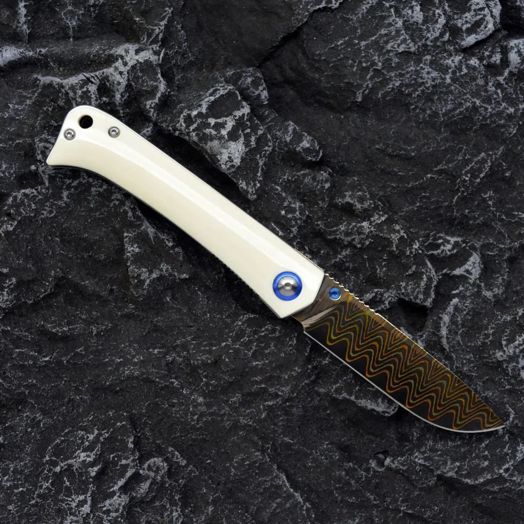 Winged Avian Damascus Folding Knife | G10 Handle & Zirconium Inlay | 59HRC
