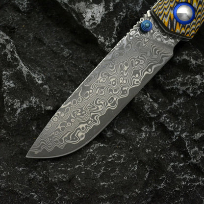Winged Avian Damascus Folding Knife | G10 Handle & Zirconium Inlay | 59HRC