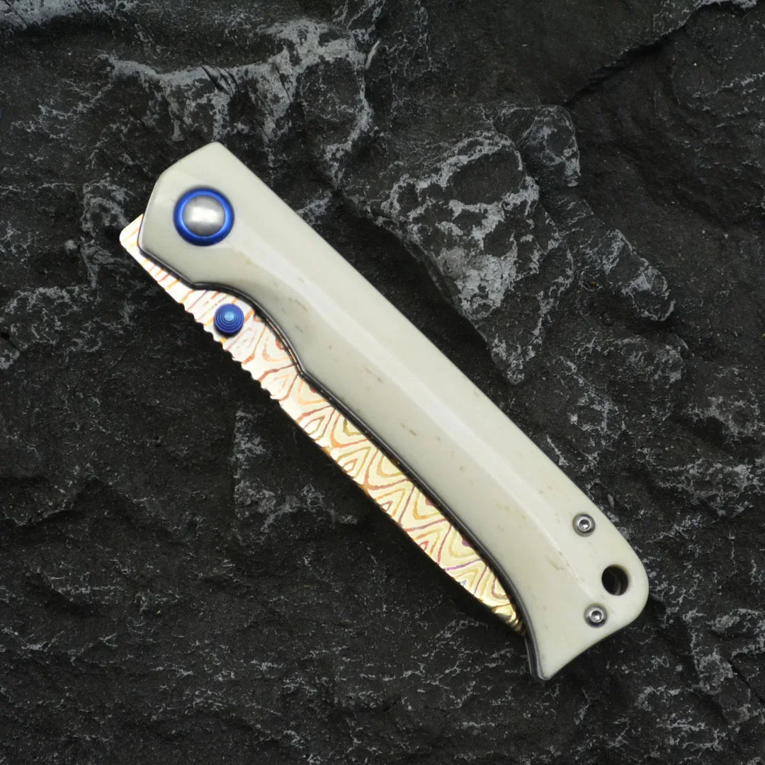 Winged Avian Damascus Folding Knife | G10 Handle & Zirconium Inlay | 59HRC