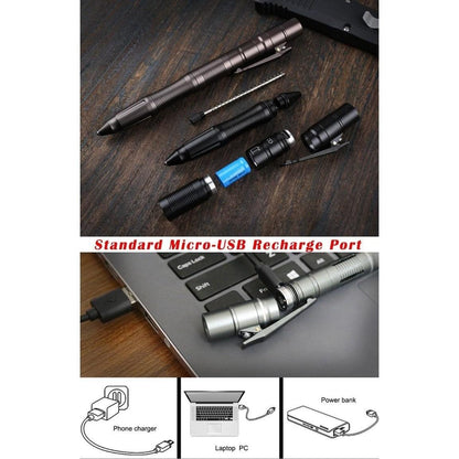 Aluminum Tactical Pen - Flashlight Tungsten Tip USB Rechargeable TSA Approved