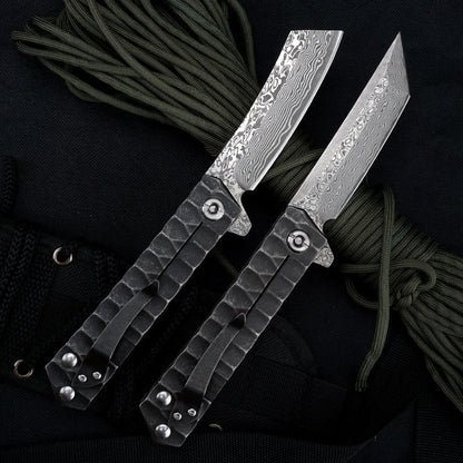 Damascus Folding Knife D2 Steel Tanto Blade Bearing System Pocket Clip EDC Camping