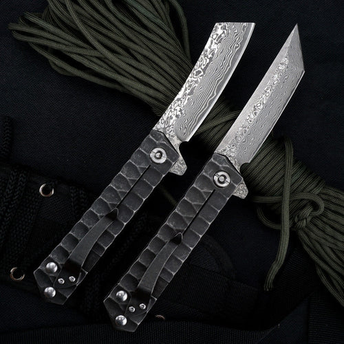 Damascus Folding Knife D2 Steel Tanto Blade Bearing System Pocket Clip EDC Camping
