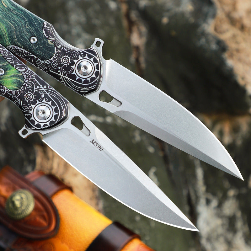 Folding Knife M390 Steel Steampunk Pocket Knife Green Resin Handle EDC Collector Knife