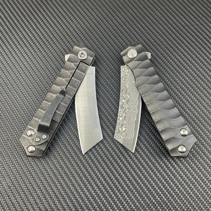 Damascus Folding Knife D2 Steel Tanto Blade Bearing System Pocket Clip EDC Camping