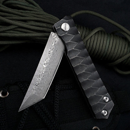 Damascus Folding Knife D2 Steel Tanto Blade Bearing System Pocket Clip EDC Camping