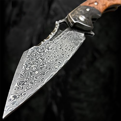 Damascus Folding Knife VG10 Steel Ironwood Handle Wave Pattern EDC Collector Knife