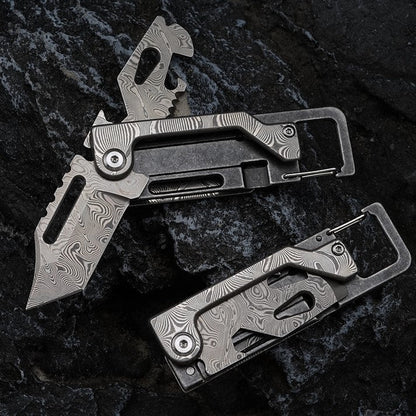 Dual-Action Blade Damascus Folding Knife - 9-in-1 EDC Keychain Tool