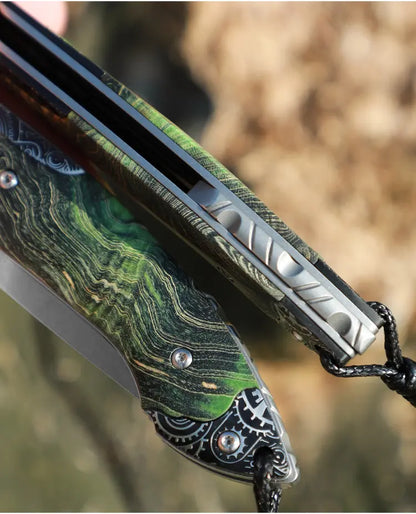 Folding Knife M390 Steel Steampunk Pocket Knife Green Resin Handle EDC Collector Knife