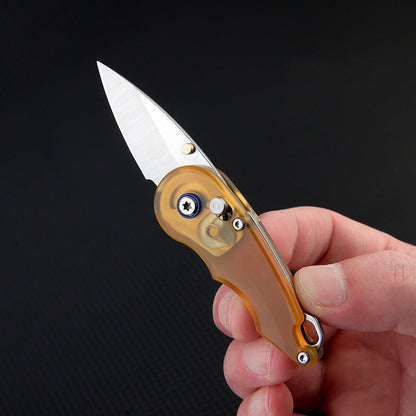 Keychain Folding Knife 7Cr Steel PEI Handle Drop Point Amber EDC Mini Pocket Knife